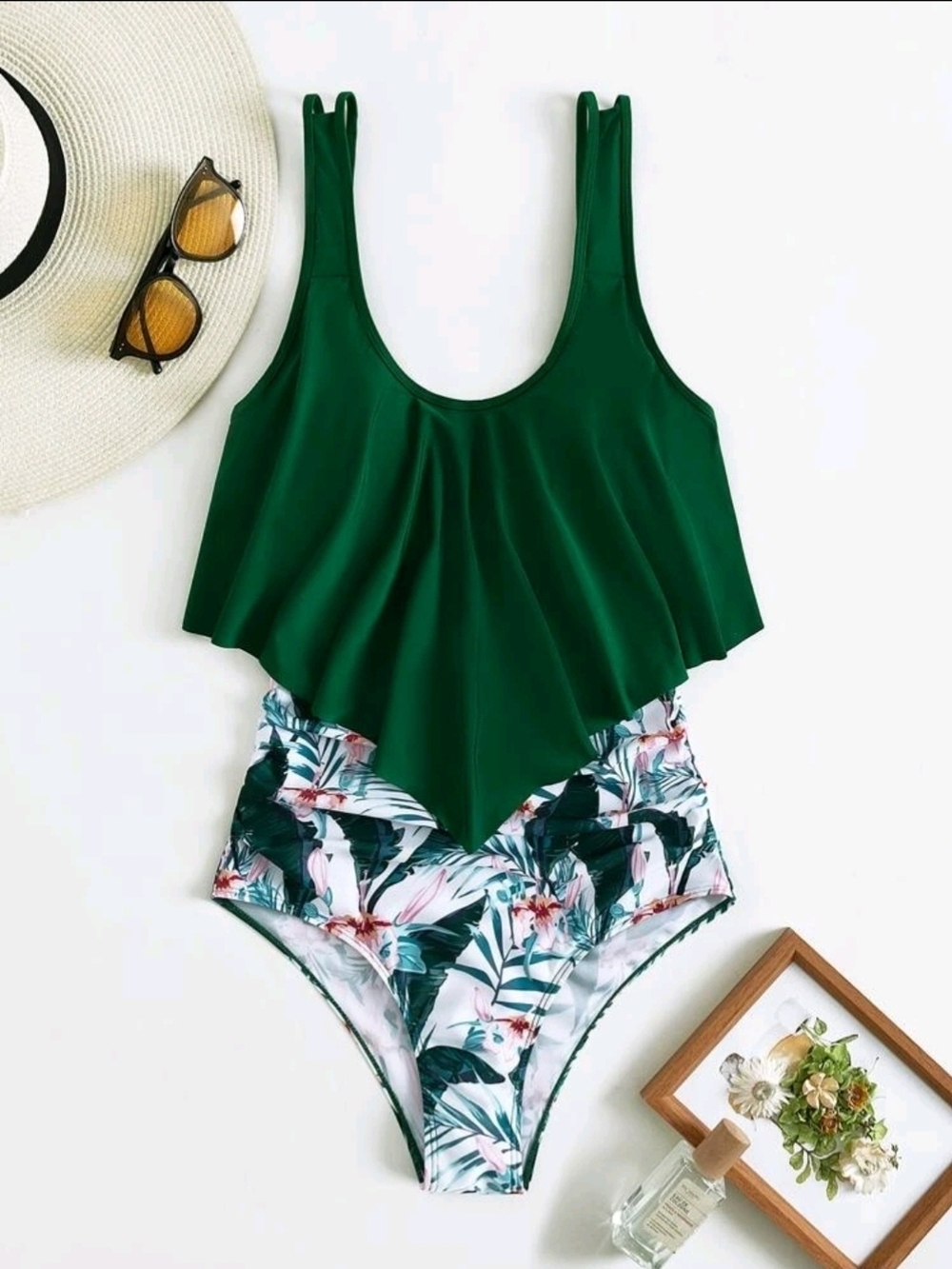 Green Floral Accent Women Two-Piece Swimsuit